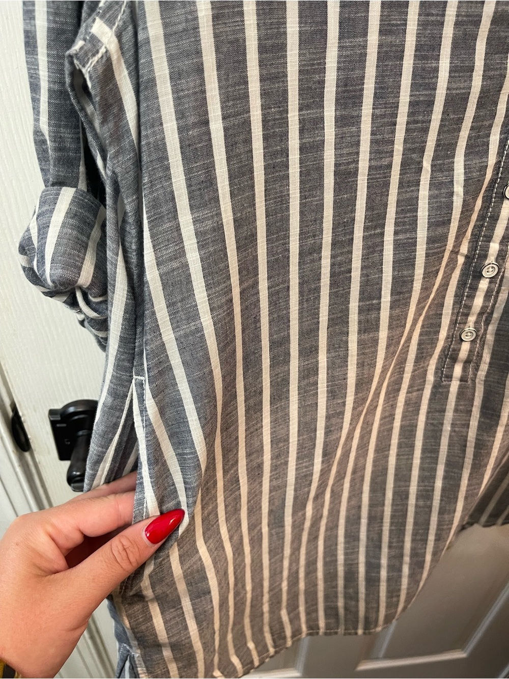 Women's Gray & White Vertical Nautical Stripe Buttoned Shirt - Picture 4 of 6